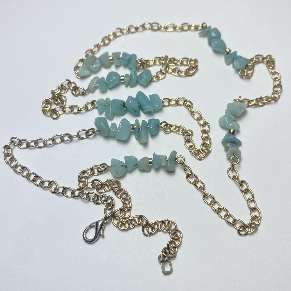 Blue Chalcedony Necklace Chip Silver Tone Long Station Chain Lobster Claw Clasp - Picture 1 of 9